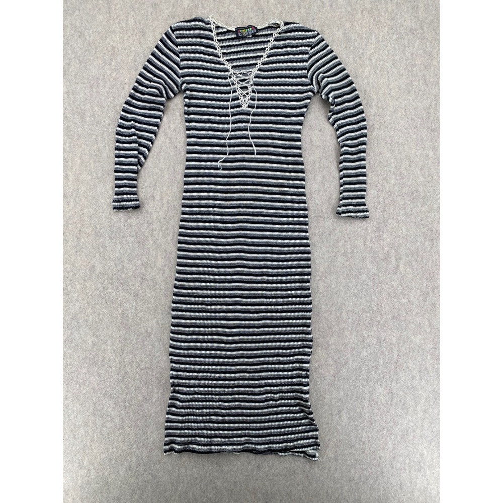 Vintage Striped Maxi Dress Black White Lace Up Medium